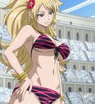  bare_shoulders bikini blonde_hair blue_eyes breasts cleavage earrings fairy_tail female flower gold hair_flower hair_ornament highres jenny_realight jewelry large_breasts long_hair navel necklace screencap smile solo standing stitched swimsuit tattoo 