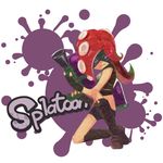  bike_shorts boots copyright_name cross-laced_footwear full_body glowing glowing_eyes ink_tank_(splatoon) knee_boots kwk lace-up_boots long_hair mask midriff octarian octoling octoshot_(splatoon) one_knee pink_eyes pointy_ears red_hair solo splatoon_(series) splatoon_1 super_soaker takozonesu tentacle_hair 