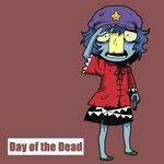  blue_hair day_of_the_dead grey_skin gun handgun hat lowres miyako_yoshika ofuda onikobe_rin open_mouth salute short_hair solo touhou weapon zombie 