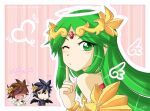  ... 1girl 2boys ahoge black_hair blush brown_hair chain chibi circlet dark_pit diadem drawn_halo drawn_wings gold_chain halo heart kid_icarus kid_icarus_uprising looking_at_another looking_at_viewer multiple_boys one_eye_closed outline palutena pit_(kid_icarus) sandragh shaded_face white_outline 