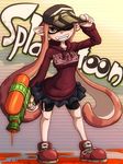  baseball_cap bike_shorts copyright_name domino_mask fangs grin hat hood hoodie inkling long_sleeves looking_at_viewer mask one_eye_closed orange_eyes orange_hair paint pointy_ears shoes shorts shorts_under_skirt skirt smile solo splatoon_(series) splatoon_1 splattershot_(splatoon) super_soaker takana_bps_(3rd_imagination) teeth tentacle_hair 