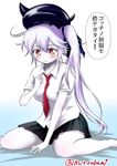  alternate_costume blush breasts closed_mouth contemporary destroyer_hime dress_shirt hat kantai_collection kuroba_dam large_breasts long_hair necktie pale_skin red_eyes shinkaisei-kan shirt side_ponytail sitting skirt smile solo translation_request twitter_username very_long_hair wariza white_hair white_skin 