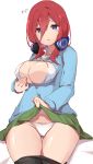  1girl absurdres bangs black_legwear blue_cardigan blue_eyes bra breasts brown_hair cleavage collared_shirt dress_shirt go-toubun_no_hanayome green_skirt hair_between_eyes hand_on_own_chest headphones headphones_around_neck highres large_breasts long_hair looking_at_viewer meow_head nakano_miku open_clothes open_mouth open_shirt panties pantyhose pantyhose_removed shirt skirt skirt_lift thighs underwear white_shirt 