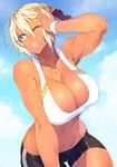  23_(real_xxiii) bent_over bike_shorts blonde_hair blue_eyes blush breasts cleavage cloud covered_nipples cross cross_necklace dark-skinned_girl_(23) dark_skin day hand_on_own_head highres holding jewelry large_breasts lips navel necklace one_eye_closed original parted_lips pendant ring short_hair sky solo sunglasses sweat toned watch wedding_band wristwatch 