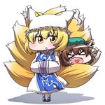  &gt;_&lt; :d animal_ears brown_hair cat_ears chen chibi closed_eyes fang fox_tail green_hat hanya_(hanya_yashiki) hat heart heart_in_mouth jewelry mob_cap multiple_girls multiple_tails open_mouth pillow_hat short_hair simple_background single_earring smile tabard tail touhou white_background xd yakumo_ran 