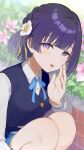  1girl blush brick flower gakuen_idolmaster hataya_misuzu highres hugging_own_legs idolmaster knee_to_chest mole mole_under_mouth monemasu pink_flower purple_hair school_uniform smile solo squatting whispering 
