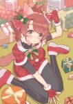  1girl absurdres animal_ears blush breasts brown_hair christmas closed_mouth commentary dantsu_flame_(umamusume) dress ear_covers ear_ribbon fingerless_gloves fur-trimmed_dress fur-trimmed_gloves fur_trim gift gloves green_ribbon highres horse_ears horse_girl horse_tail indoors looking_at_viewer medium_breasts mistletoe multicolored_hair nenbutsu_0416 pantyhose red_footwear red_gloves red_ribbon ribbon santa_dress shoes short_hiar single_ear_cover sitting sneakers solo streaked_hair tail umamusume wariza yellow_eyes 