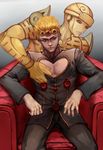  blonde_hair chair danial earrings giorno_giovanna gold_experience gradient gradient_background highres jewelry jojo_no_kimyou_na_bouken red_eyes sitting stand_(jojo) 