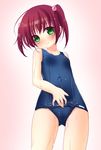  blush breasts brown_hair green_eyes hair_bobbles hair_ornament hanamiya_natsuka long_hair one-piece_swimsuit original school_swimsuit small_breasts solo swimsuit twintails water wet wet_clothes wet_swimsuit 