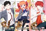  2boys artist_name bad_id bad_pixiv_id black_eyes black_hair black_legwear blazer bow calligraphy_brush flower gekkan_shoujo_nozaki-kun hair_bow jacket logo mikoshiba_mikoto multiple_boys necktie nozaki_umetarou open_mouth orange_hair paintbrush pen playback polka_dot polka_dot_bow purple_eyes red_eyes red_hair rose rouman_academy_uniform sakura_chiyo school_uniform smile sparkle tanuki thighhighs 