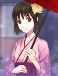  axis_powers_hetalia black_hair bob_cut brown_eyes flower genderswap genderswap_(mtf) hair_flower hair_ornament holding holding_umbrella japan_(hetalia) japanese_clothes kimono long_sleeves lotus_(elico) meiji_schoolgirl_uniform obi oriental_umbrella sash short_hair smile solo umbrella upper_body wide_sleeves 