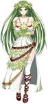  bare_shoulders breasts bursting_breasts choker circlet cleavage collarbone d_kurouri dress green_eyes green_hair highres jewelry kid_icarus large_breasts legs long_hair necklace palutena side_slit single_thighhigh skindentation solo thighhighs thighs very_long_hair white_background white_legwear 