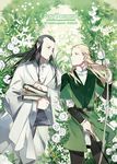  2boys arrow artist_name black_hair blonde_hair book bow_(weapon) elf elrond eye_contact flower legolas long_hair looking_at_another lord_of_the_rings male_focus multiple_boys pointy_ears smile starshadowmagician weapon 
