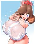  1girl blue_eyes blush breasts brown_hair gigantic_breasts hat higuma open_mouth puffy_nipples robopon robot_girl solo thighs wet_clothes wink 