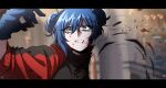  1girl amputee black_shirt blood blue_eyes blue_gloves blue_hair double_bun gloves hair_bun harashu_(harashu96) highres jacket kotobukiya_bishoujo missing_limb non-web_source orion_pax orion_pax_(transformers_one) red_jacket severed_limb shirt transformers transformers_one 