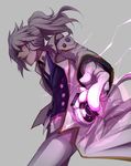  add_(elsword) coat commentary electricity elsword evil_smile facial_mark gloves glowing glowing_eye highres looking_at_viewer male_focus mastermind_(elsword) necktie pants pointing pointing_at_viewer ponytail purple purple_eyes simple_background smile solo waero white_coat white_gloves white_hair white_pants 