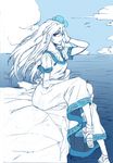  blue cliff cloud dress flower hair_flower hair_ornament igaguryyy marin_(the_legend_of_zelda) monochrome ocean sandals sitting solo the_legend_of_zelda the_legend_of_zelda:_link's_awakening 