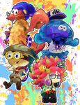  &gt;_o 3boys anemo_(splatoon) animal animal_on_head animal_print baseball_cap beanie blue_eyes boy_scout buck_teeth bukichi_(splatoon) cellulo chibi claws clownfish echizen_(splatoon) eyeshadow fish glasses goggles hair_ornament hat headphones headphones_around_neck helmet highres jellyfish jitome kumano_(splatoon) makeup multiple_boys on_head one_eye_closed prawn print_legwear rob_(splatoon) spiked_hair splatoon_(series) splatoon_1 squid star star_hair_ornament 