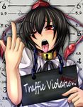  black_hair blush collar hat highres holding holding_sign lock middle_finger mugshot open_mouth red_eyes shameimaru_aya short_hair sign solo teikoku_gensui tokin_hat tongue tongue_out touhou 