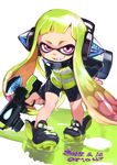  ario bike_shorts dated domino_mask green_hair headphones hero_shot_(splatoon) ink_tank_(splatoon) inkling long_hair mask paint pink_eyes shoes solo splatoon_(series) splatoon_1 squidbeak_splatoon super_soaker tentacle_hair twitter_username 