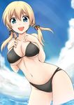  :d anchor_hair_ornament bikini black_bikini blonde_hair blue_sky blush breasts cloud day fuuma_nagi hair_ornament kantai_collection large_breasts long_hair looking_at_viewer open_mouth prinz_eugen_(kantai_collection) sky smile solo swimsuit twintails underboob wading water 