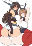  2girls armpits ass bare_shoulders blush breasts butt_crack condom condom_in_mouth erect_nipples female kantai_collection large_breasts long_hair mouth_hold multiple_girls mutsu_(kantai_collection) nagato_(kantai_collection) open_mouth otzer red_eyes short_hair smile spread_legs tagme thighhighs yellow_eyes 