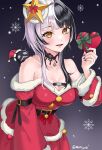  1girl absurdres black_background black_choker black_hair black_nails box breasts choker cleavage dress fur-trimmed_dress fur_trim gift gradient_background grey_background grey_hair hair_ornament hat heart-shaped_box highres holding holding_gift hololive hololive_english large_breasts looking_at_viewer matryo8 multicolored_hair open_mouth red_dress santa_dress santa_hat shiori_novella solo split-color_hair star_(symbol) star_hair_ornament two-tone_hair virtual_youtuber yellow_eyes yorick_(shiori_novella) 
