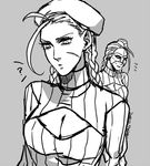  ? ahoge antenna_hair beret breasts cammy_white cleavage_cutout decapre elina_kuroe_no_daarin garrison_cap greyscale hat huge_ahoge large_breasts mask meme_attire monochrome multiple_girls open-chest_sweater ribbed_sweater scar sketch solo_focus street_fighter street_fighter_iv_(series) sweater turtleneck 