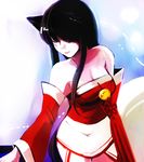  ahri animal_ears bare_shoulders black_hair breasts cleavage closed_eyes detached_sleeves korean_clothes league_of_legends medium_breasts midriff mizoreame solo 