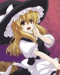  :d blonde_hair bow broom broom_riding hat hat_bow highres kirisame_marisa long_hair open_mouth oubou smile solo touhou v-shaped_eyebrows white_bow witch_hat yellow_eyes 
