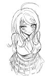  1girl ahoge akamatsu_kaede akiyama_enma arms_behind_back beamed_eighth_notes blush breasts collared_shirt danganronpa_(series) danganronpa_v3:_killing_harmony eighth_note greyscale hair_ornament highres large_breasts looking_at_viewer miniskirt monochrome musical_note musical_note_hair_ornament musical_staff_print necktie pleated_skirt quarter_note shirt simple_background sketch skirt smile solo staff_(music) sweater_vest white_background 