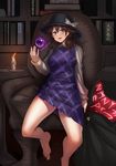  absurdres ayakumo barefoot bookshelf bow brown_eyes brown_hair candlestand cape chair clothes_writing commentary dress glasses hat hat_bow highres indoors long_sleeves occult_ball purple_dress shirt sitting solo touhou usami_sumireko 