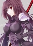  armor bad_hands bangs bodysuit breasts covered_nipples dated fate/grand_order fate_(series) gae_bolg gloves grey_background hair_between_eyes hair_intakes holding holding_weapon large_breasts long_hair looking_at_viewer nina_(pastime) pauldrons polearm purple_bodysuit purple_hair red_eyes scathach_(fate)_(all) scathach_(fate/grand_order) simple_background solo spear turtleneck twitter_username upper_body very_long_hair weapon 
