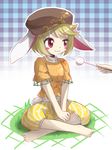  :t animal_ears barefoot blonde_hair blush_stickers bunny_ears bunny_tail dango flat_cap floppy_ears food hat indian_style ka_zhi orange_shirt red_eyes ringo_(touhou) shirt short_hair sitting skewer solo_focus tail touhou wagashi 