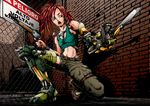  1girl alley asymmetrical_clothes asymmetrical_hair belt_buckle breasts buckle chain-link_fence chainsaw crop_top cyborg dual_wielding fence gun highres holding mechanical_arm mechanical_leg midriff nail_polish navel one_knee open_mouth original red_eyes red_hair sawed-off_shotgun shotgun single_pantsleg small_breasts solo tank_top twintails uneven_twintails weapon 