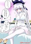  1girl alternate_costume bandaid blush bottomless breasts contemporary destroyer_hime dress_shirt hat kantai_collection kuroba_dam large_breasts long_hair on_bed pale_skin red_eyes shinkaisei-kan shirt side_ponytail sitting sitting_on_bed solo_focus towel translation_request twitter_username very_long_hair white_hair white_skin 
