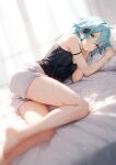  1girl absurdres aqua_eyes aqua_hair artist_name ass bare_shoulders bed_sheet black_tank_top breasts casual cleavage commentary eyelashes full_body grey_shorts highres indoors leone_(kamina0205) light_smile looking_at_viewer lying medium_hair on_bed on_side pillow short_shorts shorts signature sinon small_breasts solo sword_art_online tank_top 