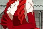  1girl animated animated_gif bare_shoulders braid breasts cleavage elbow_gloves fairy_tail female flare_corona gloves large_breasts long_hair red_eyes red_hair scar solo tattoo tattooed_breast 