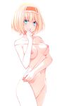  alice_margatroid blonde_hair blue_eyes blush breasts hairband highres looking_at_viewer medium_breasts mikoma_sanagi navel nipples nude short_hair simple_background solo string touhou white_background 
