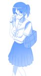  bag blue glasses himura_kiseki monochrome original pleated_skirt ponytail school_bag school_uniform serafuku skirt solo 
