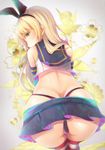  ass black_panties blonde_hair blue_skirt chromatic_aberration cyanomirahi from_behind hairband highres kantai_collection long_hair looking_at_viewer looking_back panties shimakaze_(kantai_collection) skirt solo striped striped_legwear thighhighs thong underwear whale_tail yellow_eyes 