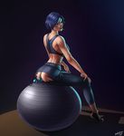  anal anal_beads anal_object_insertion ass ass_cutout ball blue_eyes blue_hair capri_pants evulchibi exercise_ball from_behind highres lips looking_at_viewer looking_back masturbation midriff no_panties nose object_insertion original pants pussy_juice shoes short_hair sitting sneakers solo spandex sports_bra toned torn_clothes 