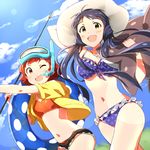  :3 bikini bikini_under_clothes blue_hair bracelet brown_hair cloud cutoffs dani-ikapi day denim denim_shorts frilled_bikini frills front-tie_top goggles goggles_on_head hat idolmaster idolmaster_million_live! innertube jacket jewelry kitakami_reika lens_flare long_hair multiple_girls navel necklace nonohara_akane open_clothes open_jacket open_mouth pendant pitchfork short_shorts shorts sky snorkel swimsuit swimsuit_under_clothes twintails 