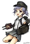  arm_warmers artist_name black_legwear chimney don_(29219) grey_eyes grey_hair hair_ornament hair_ribbon hat kantai_collection looking_at_viewer machinery ooshio_(kantai_collection) open_mouth pleated_skirt ribbon school_uniform short_hair short_twintails skirt smile solo suspenders torpedo turret twintails twitter_username white_background 