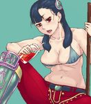  animated animated_gif armor artist_request ashei belt black_hair breasts breath breathing drink erect_nipples female hair_ornament lowres navel open_mouth pants red_eyes sitting staff sweat the_legend_of_zelda twintails underboob 