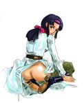  1girl artist_request ass blue_hair boots female green_eyes gundam gundam_lost_war_chronicles looking_back may_cowin ponytail solo urajio white_background 
