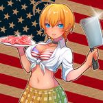  ahoge american_flag american_flag_bikini bad_id bad_pixiv_id bikini blonde_hair blue_eyes breasts choker cleavage cleaver flag_background flag_print food front-tie_top kumaryon large_breasts lips looking_at_viewer meat midriff mito_ikumi navel plaid plaid_skirt pleated_skirt shiny shiny_skin shirt shokugeki_no_souma short_hair skirt solo swimsuit tied_shirt tootsuki_saryou_ryouri_gakuen_uniform 