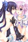  bad_id bad_pixiv_id black_hair blush breasts detached_sleeves hinano long_hair medium_breasts multiple_girls neptune_(choujigen_game_neptune) neptune_(series) noire one_eye_closed partially_undressed purple_hair thighhighs tongue tongue_out twintails yuri 