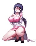  black_hair blush breasts cleavage commentary_request convenient_leg cyclops full_body heart heart-shaped_pupils high_heels highres hitomi_sensei_no_hokenshitsu jinyuan712 large_breasts long_hair looking_at_viewer manaka_hitomi one-eyed pink_eyes shoe_dangle simple_background smile solo squatting symbol-shaped_pupils white_background 