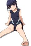  arm_support barefoot blue_hair blush eyebrows_visible_through_hair feet gym_uniform highres legs matsunaga_kouyou original panties panty_peek purple_eyes shadow short_hair shorts simple_background sleeveless smile soles solo toes underwear white_background 